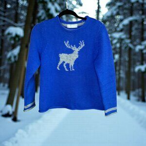 Liz Claiborne Vintage Blue 100% Lambswool Moose Motif Sweater
